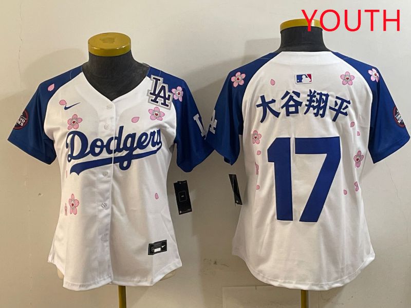 Youth Los Angeles Dodgers #17 Ohtani White Blue Sakura Edition 2025 Nike MLB Jersey style 14